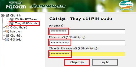 các bước thay đổi mã PIN token viettel