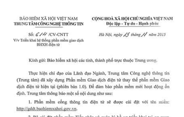 công văn triển khai phần mềm bảo hiểm xã hội