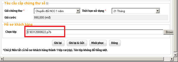 đính kèm chính xác file cert của khách hàng