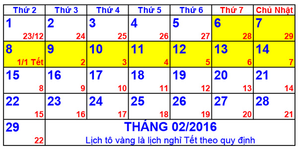 Dự kiến lịch nghỉ Tết Nguyên Đán năm 2016