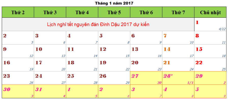 Dự kiến - Lịch nghỉ tết Đinh Dậu 2017